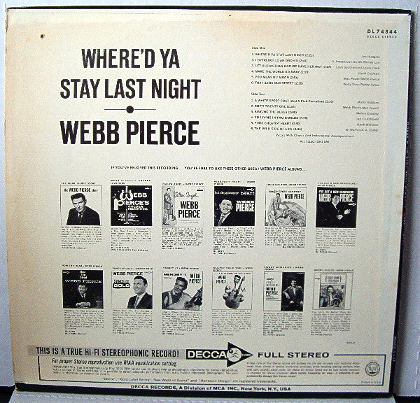 Webb Pierce - Where'd Ya Stay Last Night - LP