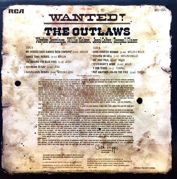 Waylon Jennings, Willie Nelson, Jessi Colter, Tompall Glaser - Wanted! The Outlaws - LP