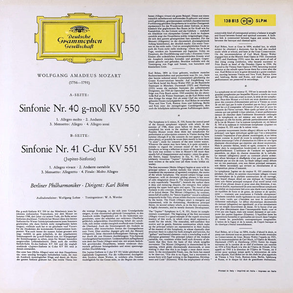 Mozart* • Karl Böhm, Berliner Philharmoniker - Symphonien Nr. 40 G-Moll (In G Minor) Nr. 41 Jupiter - LP