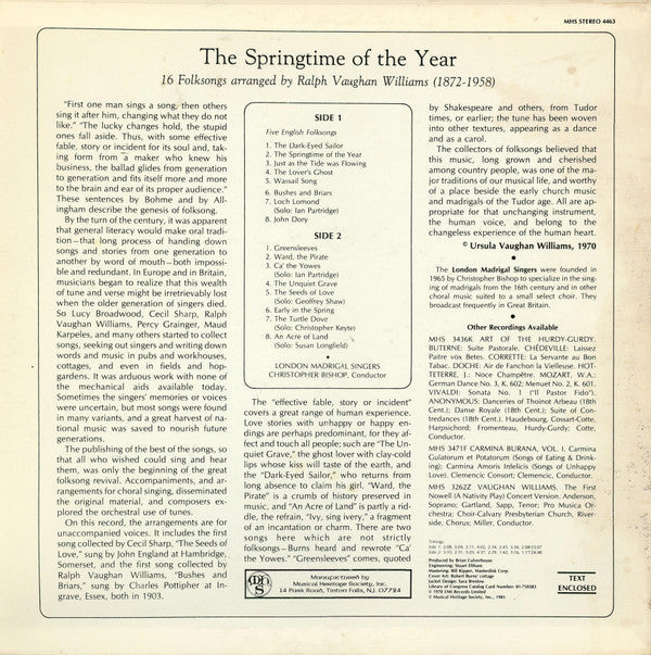 Ralph Vaughan Williams / London Madrigal Singers / Christopher Bishop - The Spring Time Of The Year: 16 Folk Songs Arranged By Ralph Vaughan Williams - LP