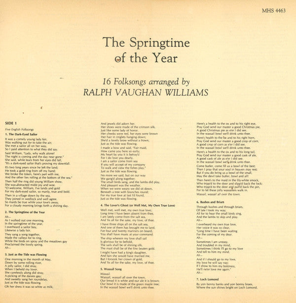 Ralph Vaughan Williams / London Madrigal Singers / Christopher Bishop - The Spring Time Of The Year: 16 Folk Songs Arranged By Ralph Vaughan Williams - LP