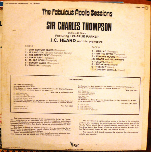 Sir Charles Thompson And His All Stars* Featuring: Charlie Parker / J.C. Heard And His Orchestra - The Fabulous Apollo Sessions - LP