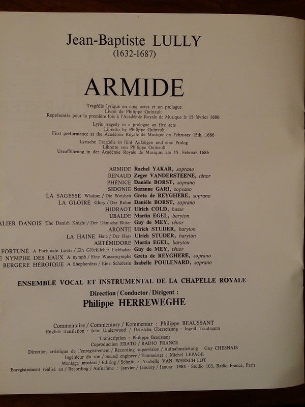 Lully*, Rachel Yakar, Zeger Vandersteene, Danièle Borst*, Suzanne Gari, Isabelle Poulenard, Greta de Reyghere, Martin Egel, Guy De Mey, Ulrich Studer, Ulrich Cold*, Ensemble Vocal & Instrumental De La Chapelle Royale*, Philippe Herreweghe - Armide - LP