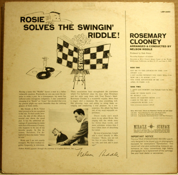 Rosemary Clooney Arranged & Conducted By Nelson Riddle - Rosie Solves The Swingin' Riddle! - LP