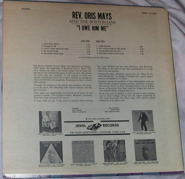 Rev. Oris Mays & The Bostonians - I Owe Him Me - LP