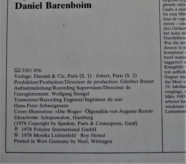 Claude Debussy, Orchestre De Paris • Daniel Barenboim - La Mer / Nocturnes - LP
