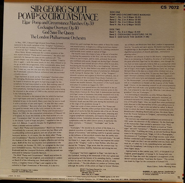 Georg Solti / Elgar* / The London Philharmonic Orchestra* - Pomp And Circumstance 1-5 / Cockaigne Overture / God Save The Queen - LP