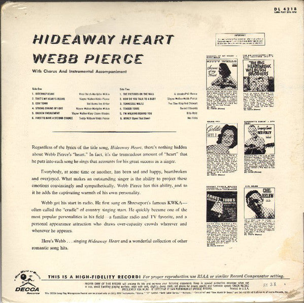 Webb Pierce - Hideaway Heart - LP