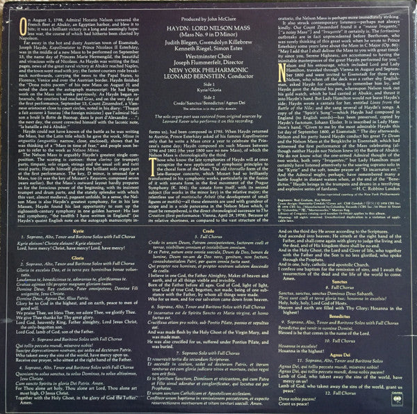 Haydn* - Leonard Bernstein · New York Philharmonic, Blegen*, Killebrew*, Riegel*, Estes* ~ Westminster Choir* : Joseph Flummerfelt - Lord Nelson Mass (No. 9 In D Minor) - LP