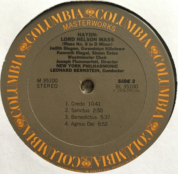 Haydn* - Leonard Bernstein · New York Philharmonic, Blegen*, Killebrew*, Riegel*, Estes* ~ Westminster Choir* : Joseph Flummerfelt - Lord Nelson Mass (No. 9 In D Minor) - LP