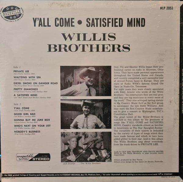 The Willis Brothers - Y'all Come-Satisfied Mind - LP