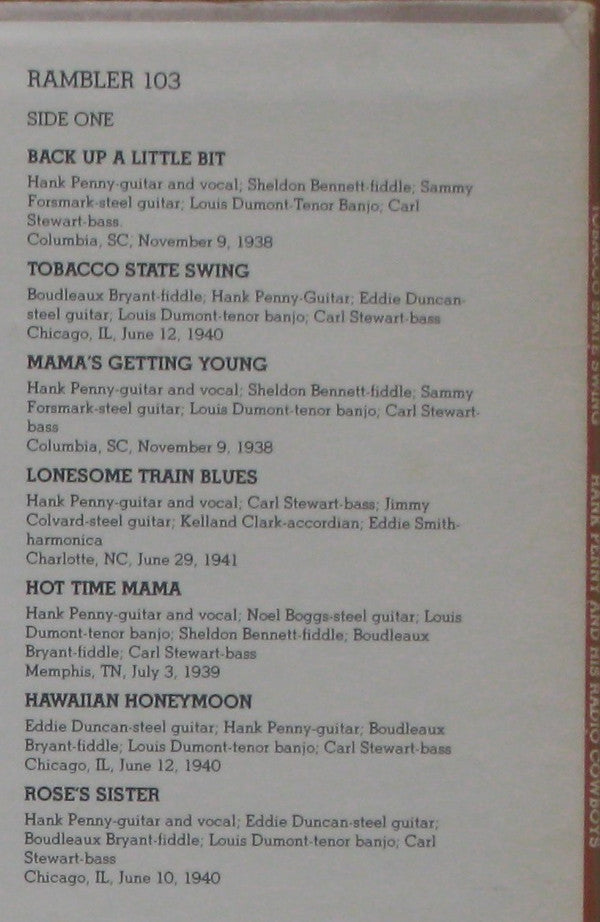 Hank Penny & His Radio Cowboys* - Tobacco State Swing - LP