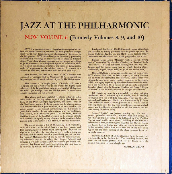Jazz At The Philharmonic - Norman Granz' Jazz At The Philharmonic New Volume 6 (Formerly Vols. 8, 9, And 10) - LP