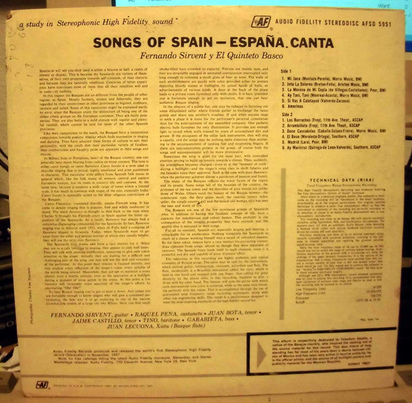 Fernando Sirvent y El Quinteto Basco - Songs Of Spain España Canta - LP
