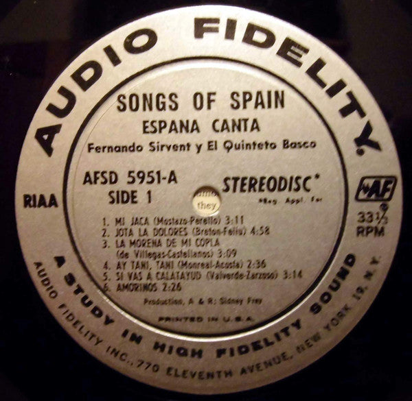 Fernando Sirvent y El Quinteto Basco - Songs Of Spain España Canta - LP