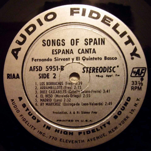 Fernando Sirvent y El Quinteto Basco - Songs Of Spain España Canta - LP
