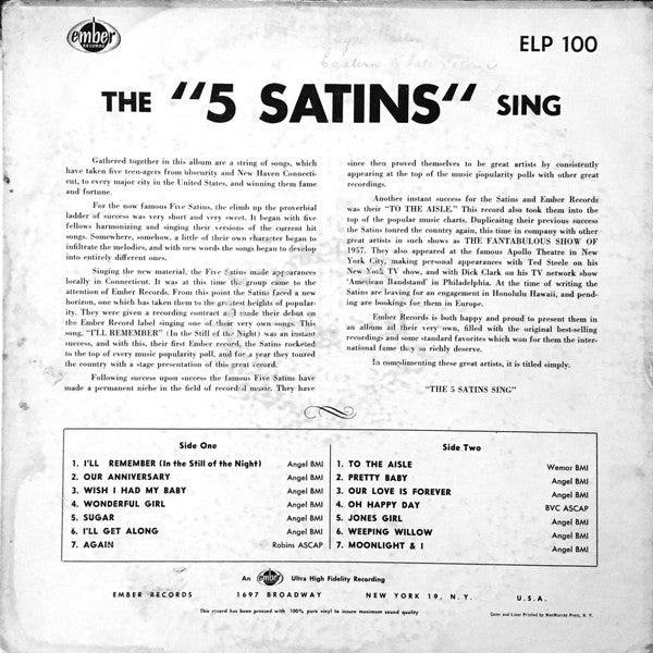 The Five Satins - The 5 Satins Sing - LP