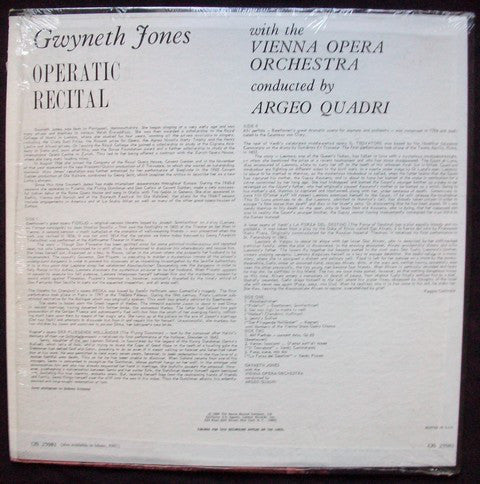 Gwyneth Jones With The Vienna Opera Orchestra* Conducted By Argeo Quadri - Operatic Recital - LP