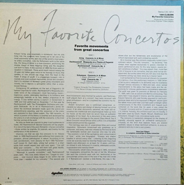 Van Cliburn - My Favorite Concertos - LP