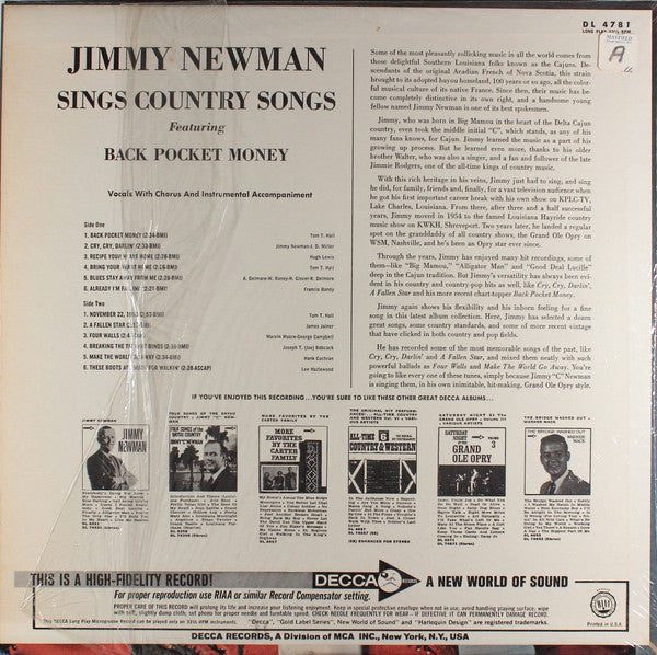 Jimmy Newman* - Jimmy Newman Sings Country Songs - LP