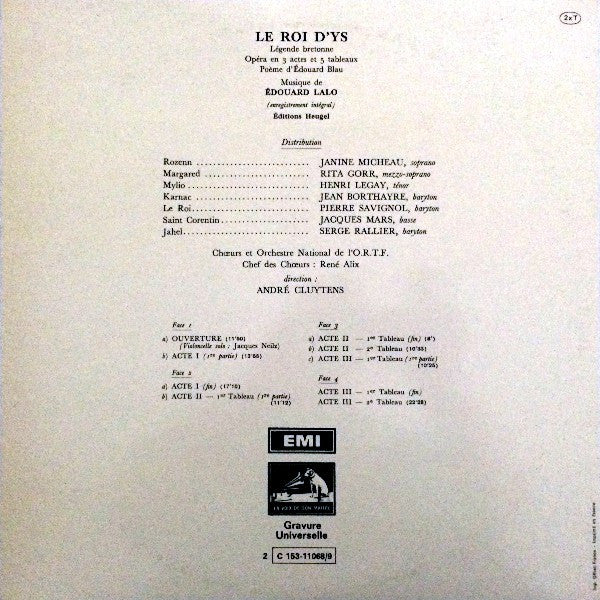 Édouard Lalo / Janine Micheau, Rita Gorr, Henri Legay, Chœurs* Et Orchestre National De La Radiodiffusion Française* , Direction André Cluytens - Le Roi D'Ys - LP