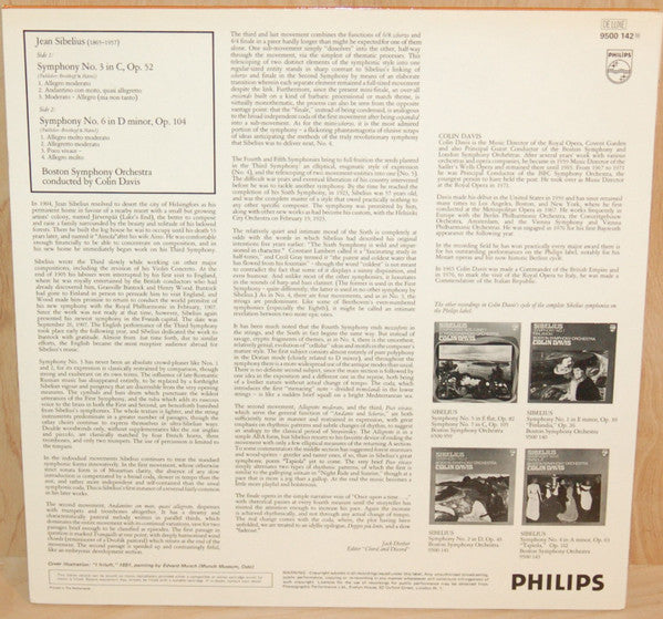 Sibelius* : Boston Symphony Orchestra, Colin Davis* - Symphonies Nos. 3 And 6 - LP