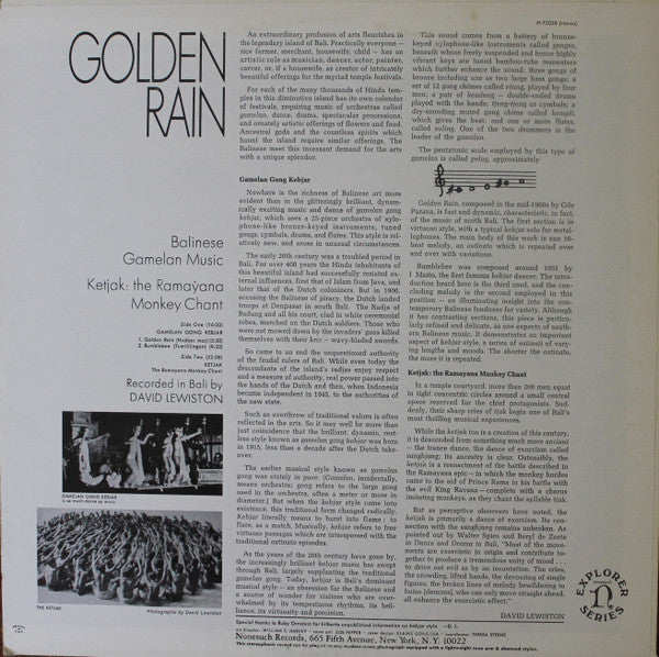 David Lewiston - Golden Rain (Balinese Gamelan Music / Ketjak: The Ramayana Monkey Chant) - LP