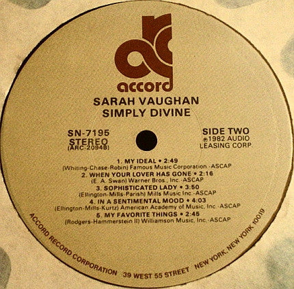 Sarah Vaughan - Simply Divine - LP