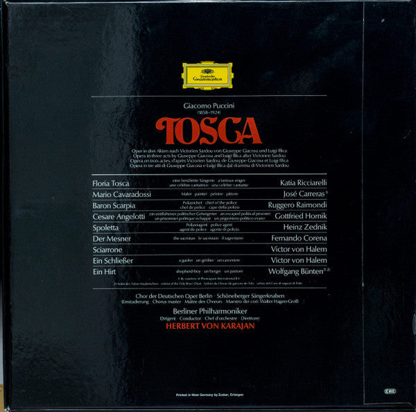 Giacomo Puccini, Herbert Von Karajan, Berliner Philharmoniker, Chor der Deutschen Oper Berlin, Katia Ricciarelli, José Carreras, Fernando Corena, Victor von Halem, Wolfgang Bünten - Tosca - LP