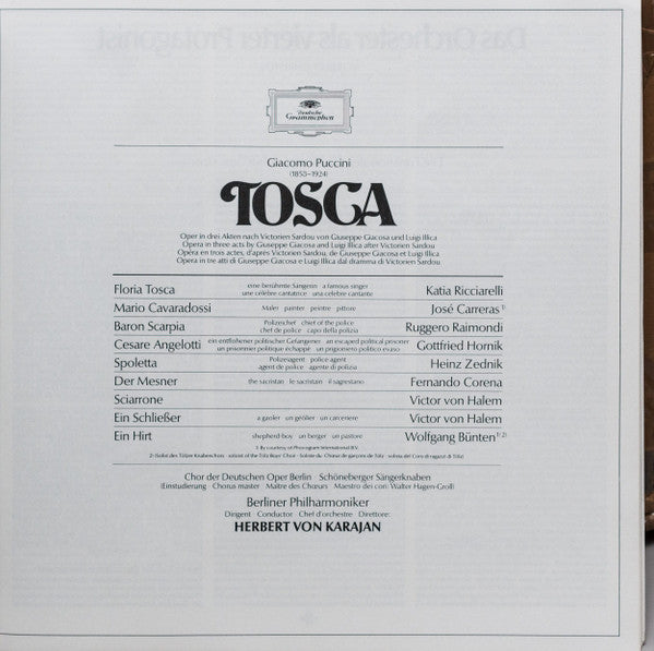 Giacomo Puccini, Herbert Von Karajan, Berliner Philharmoniker, Chor der Deutschen Oper Berlin, Katia Ricciarelli, José Carreras, Fernando Corena, Victor von Halem, Wolfgang Bünten - Tosca - LP