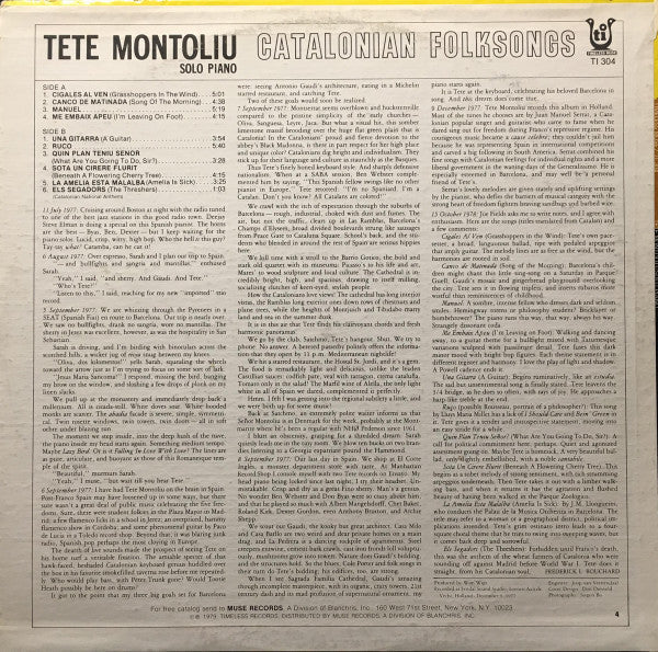 Tete Montoliu - Catalonian Folksongs (Solo Piano) - LP