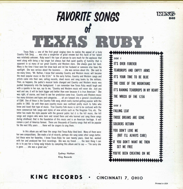 Texas Ruby - Favorite Songs Of Texas Ruby - LP
