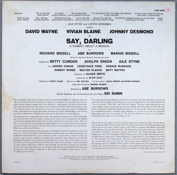 Jule Styne, Betty Comden, Adolph Green / Featuring David Wayne (3), Vivian Blaine, Johnny Desmond - Say, Darling (A Comedy About A Musical) - LP