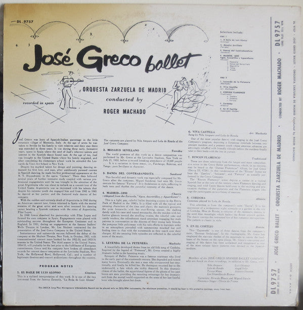 José Greco, Orquestra Zarzuela De Madrid - Ballet - LP