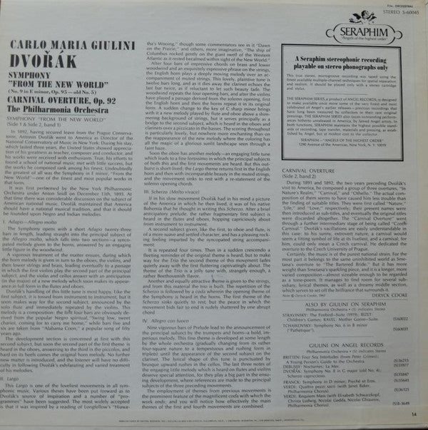 Carlo Maria Giulini, Dvořák*, Philharmonia Orchestra - Symphony "From The New World" (No. 9 In E Minor - Old No. 5) / Carnival Overture - LP