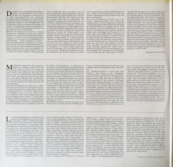 Felix Mendelssohn Bartholdy*, Herbert Von Karajan, Berliner Philharmoniker, Edith Mathis, Liselotte Rebmann, Werner Hollweg, Chor Der Deutschen Oper Berlin - Symphonien Nr. 1 & 2 "Lobgesang" - LP