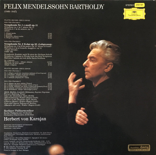 Felix Mendelssohn Bartholdy*, Herbert Von Karajan, Berliner Philharmoniker, Edith Mathis, Liselotte Rebmann, Werner Hollweg, Chor Der Deutschen Oper Berlin - Symphonien Nr. 1 & 2 "Lobgesang" - LP