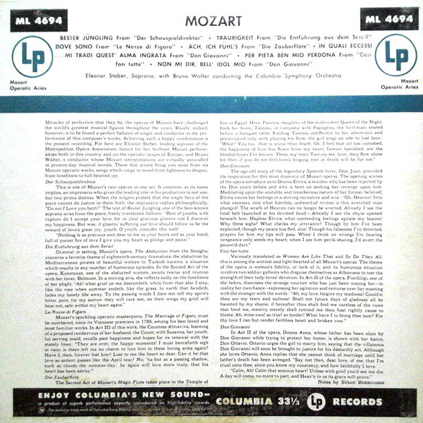 Mozart* ; Eleanor Steber With Bruno Walter - Mozart. Eleanor Steber Soprano With Bruno Walter Conducting The Columbia Symphony Orchestra - LP