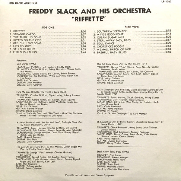 Freddy Slack And His Orchestra* - 'Riffette' - LP