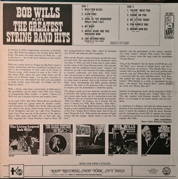 Bob Wills - Bob Wills Plays The Greatest String Band Hits - LP