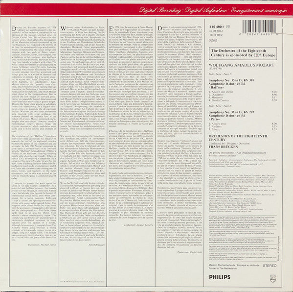 Mozart*, Orchestra Of The 18th Century, Frans Brüggen - Symphonies No 31 "Paris", No 35 "Haffner" - LP