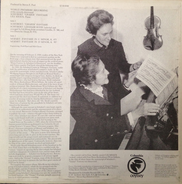 Lili Kraus - Schubert "Grazer"; Landler Suite/Mozart: Fantasies In C Minor And D Minor - LP
