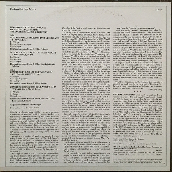 Zukerman* - Vivaldi* - English Chamber Orchestra - Zukerman Plays And Conducts Four Vivaldi Concertos - LP