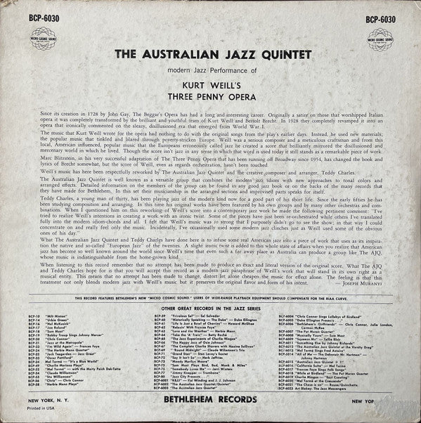 The Australian Jazz Quintet - Modern Jazz Performance Of Kurt Weill's Three Penny Opera - LP