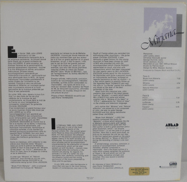 John Lewis (2) Featuring Christian Escoudé - Mirjana - LP