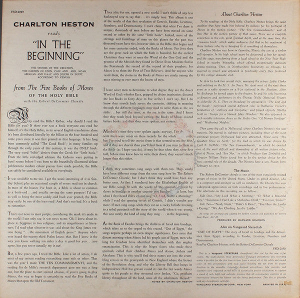 Charlton Heston With The Robert DeCormier Chorale - Charlton Heston Reads "In The Beginning" From The Five Books Of Moses Of The Holy Bible - LP