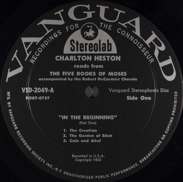 Charlton Heston With The Robert DeCormier Chorale - Charlton Heston Reads "In The Beginning" From The Five Books Of Moses Of The Holy Bible - LP