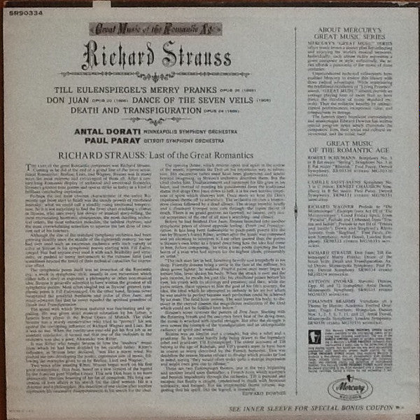 Richard Strauss, Paul Paray, Antal Dorati, Minneapolis Symphony Orchestra, Detroit Symphony Orchestra - Great Music Of The Romantic Age - LP