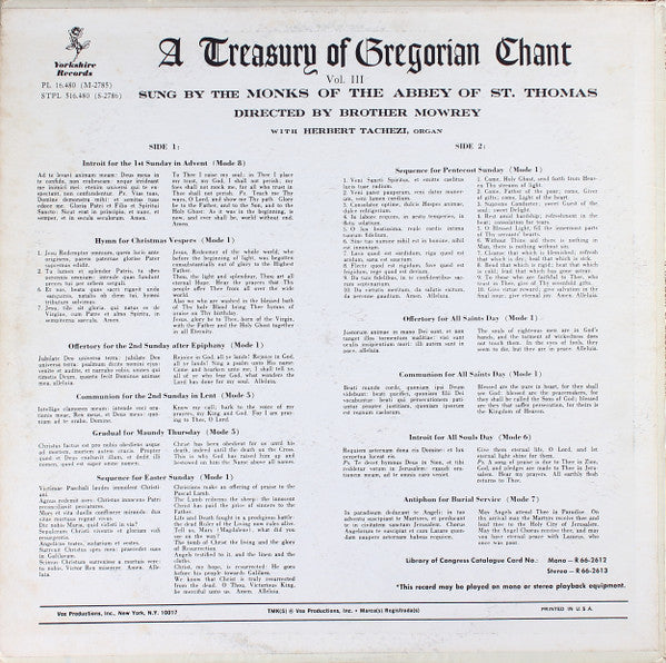 Monks Of The Abbey Of St. Thomas - A Treasury Of Gregorian Chant, Vol. III - LP