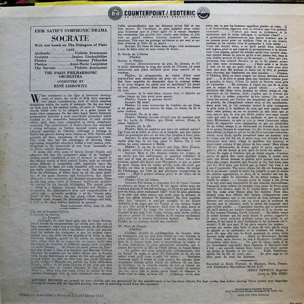 Erik Satie, The Paris Philharmonic Orchestra* Conducted By René Leibowitz - Socrate (Symphonic Drama) - LP